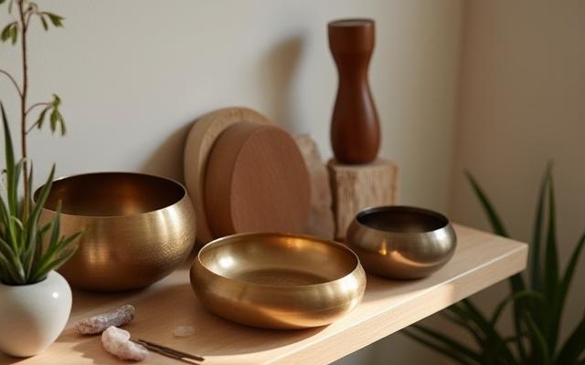Display of various yoga-specific musical instruments like singing bowls, chimes, and handpans.