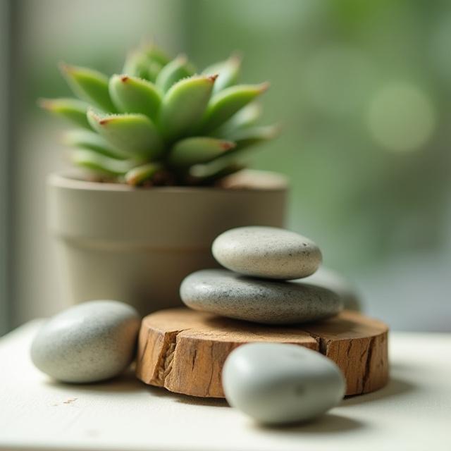 Detail shot of natural elements within the studio, such as a potted plant and smooth river stones.