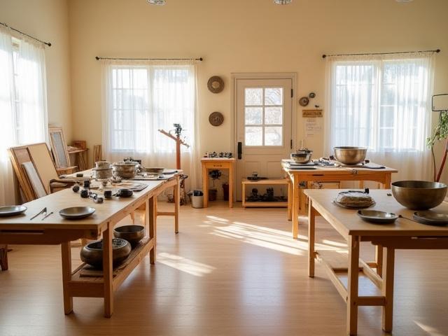 Bright and airy studio workshop area with various instruments and natural wood tables.