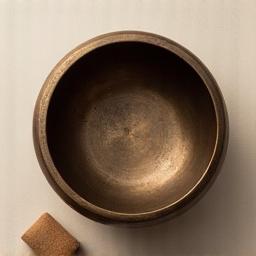 Hand-hammered Tibetan singing bowl, antique bronze finish, with a felt mallet.
