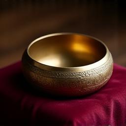 Smaller, polished Tibetan singing bowl with intricate engravings, on a silk cushion.