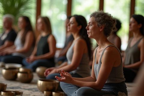 A group of people seated in a serene workshop setting, participating in sound therapy